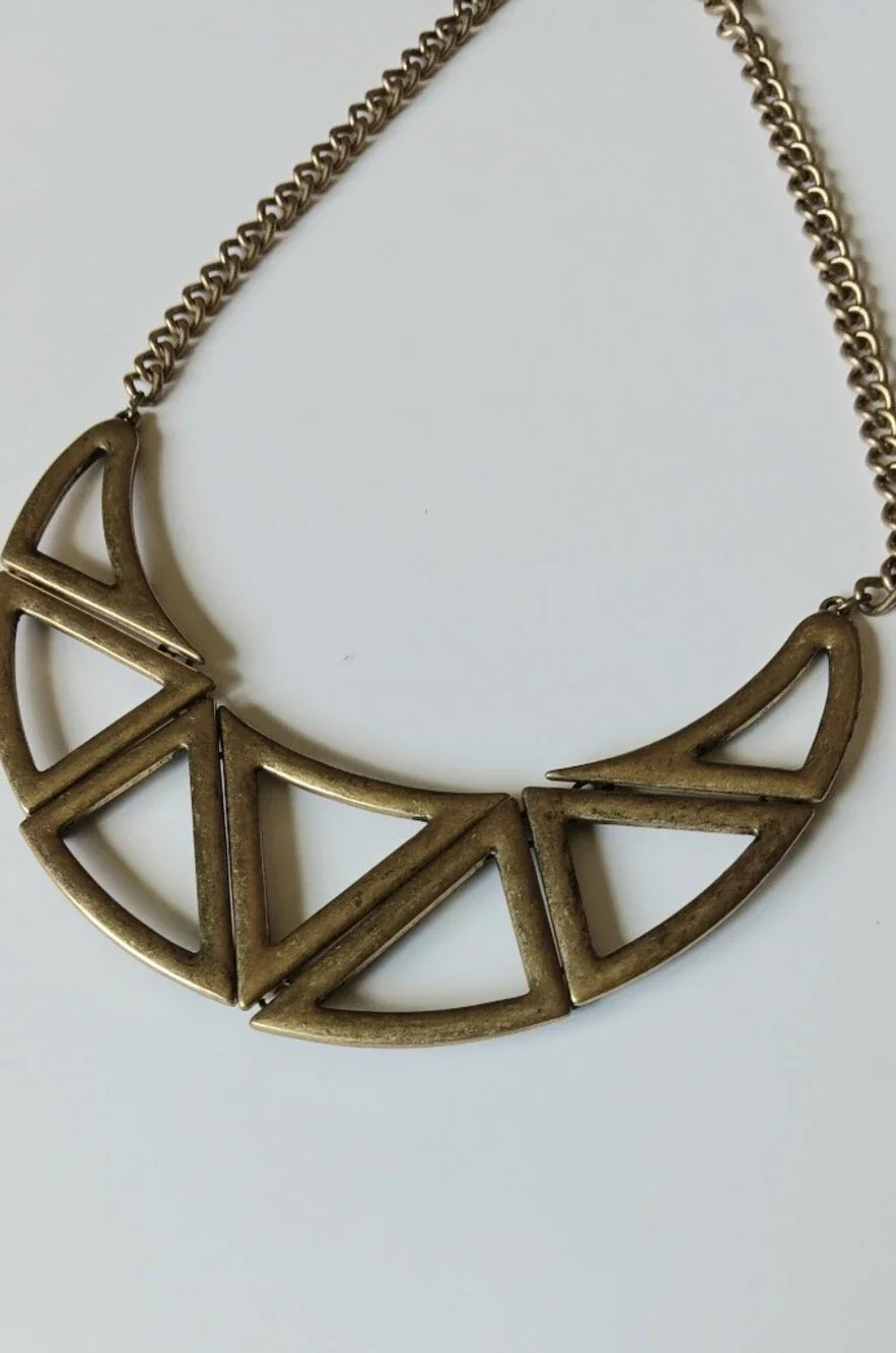 Geometric Openwork Crescent Necklace - Brass Tone